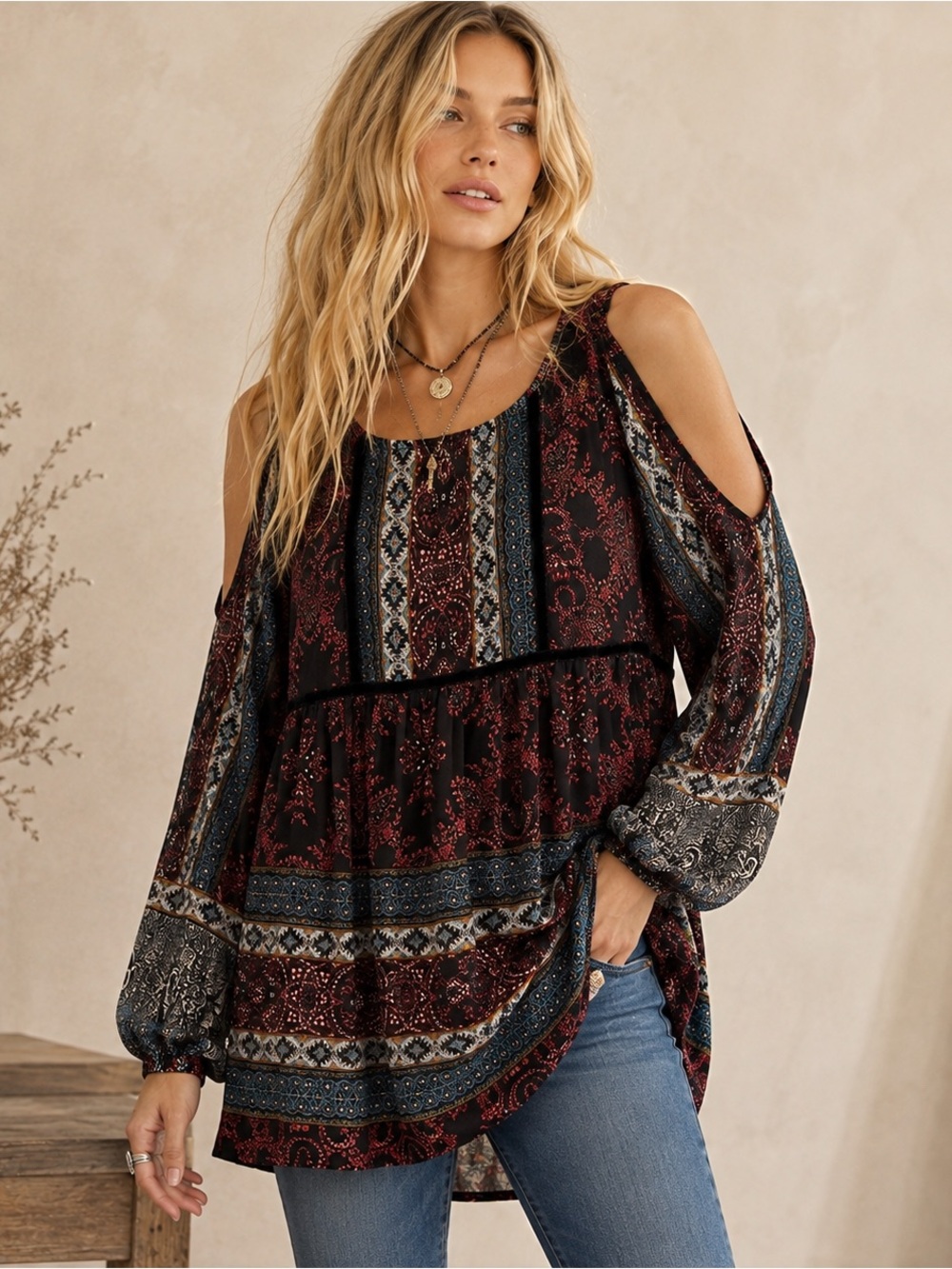 Artesia Boho Paisley Cold Shoulder Tunic Velvet Trim Med